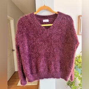 PINK LILY Purple Fuzzy Long Sleeve V-Neck Sweater
